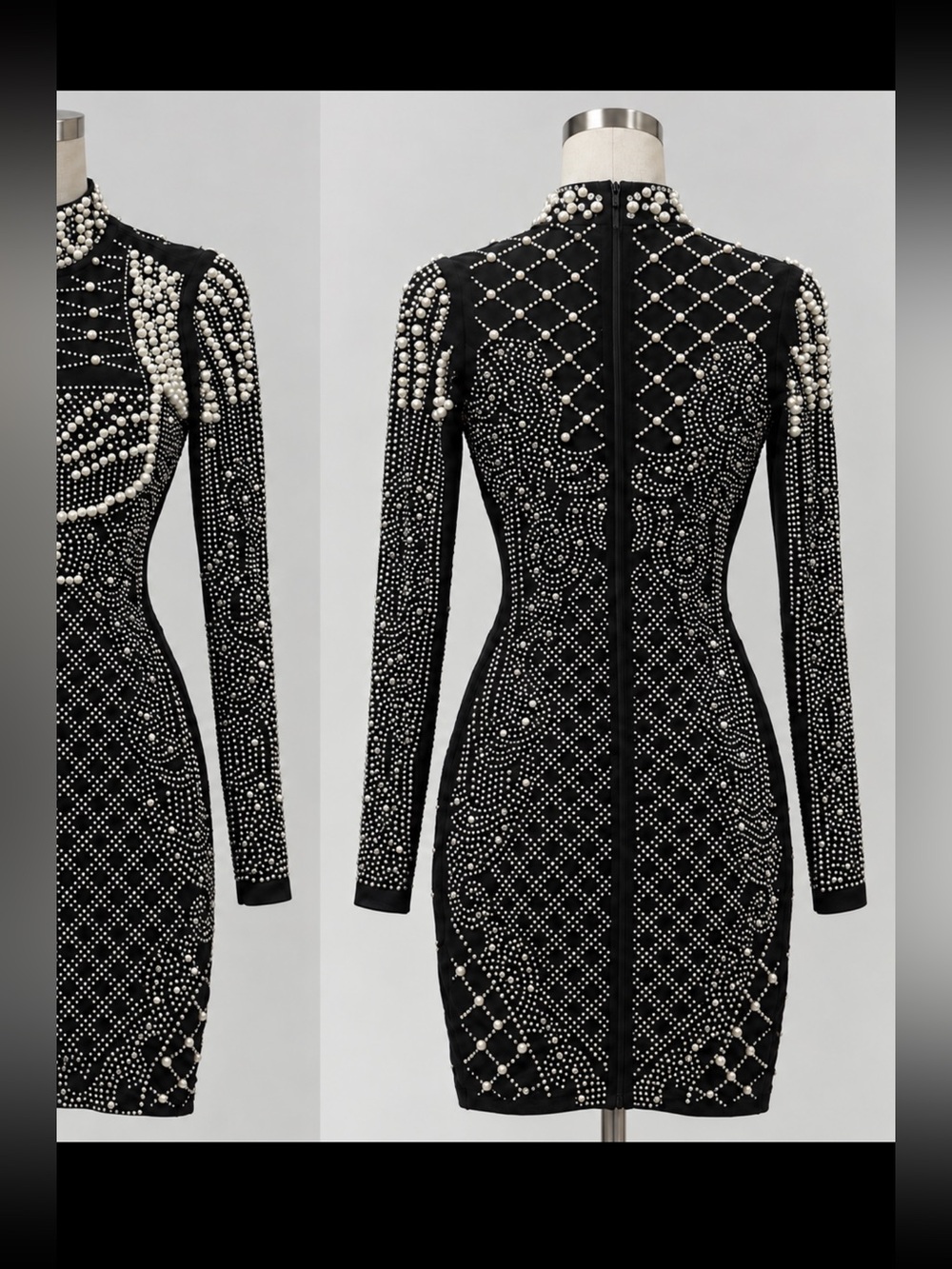 Fashion Nova Black Pearl-Embellished Mini Bodycon Dress
